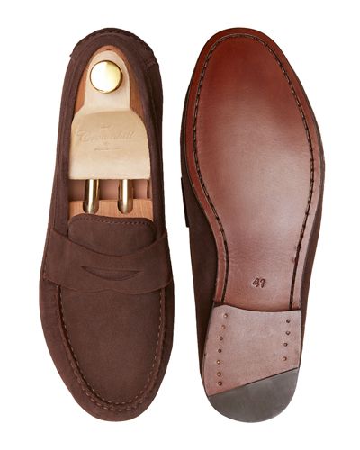 Mocasín penny, zapatos de ante, zapato marrón oscuro, zapato loafer, zapato con antifaz, zapatos confortables, antifaz de diamante