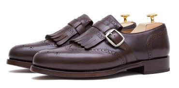 Brown monaci punta accento ala, marrone scarpe da uomo