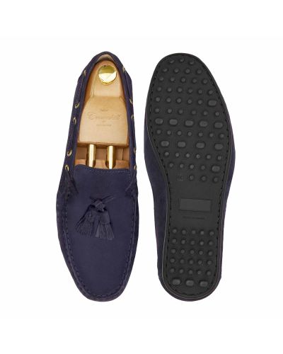 Zapato driver con borlas en ante azul, zapatos cómodos, zapatos casuales, zapatos elegantes, zapatos para cualquier ocasión 